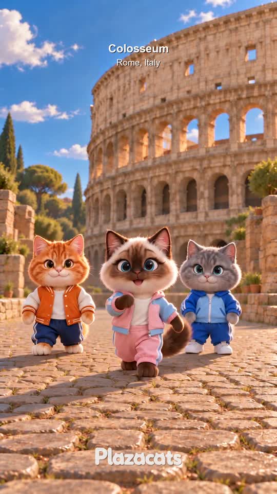 Mango, Mochi and Blue dancing on the cobblestones beside the Colosseum in Rome